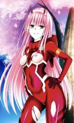 zero_two_(darling_in_the_franxx), darling_in_the_franxx, 1girls, big_thighs, cherry_blossoms