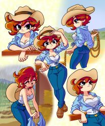 nancysauria_(character), big_breasts, blue_jeans, breasts, cowboy_hat