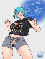 moo_merrily, bevyrage, blue_eyes, blue_hair, canines