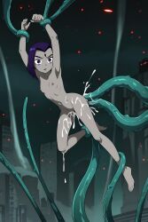 raven_(dc), teen_titans, airborne, arms_up, city_background