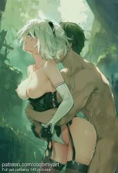 2b_(nier:automata), cocomiyart, 1boy, 1girl, bare_shoulders