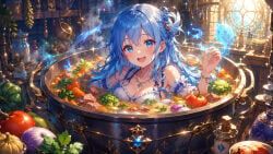 1girl, blue_eyes, blue_hair, cannibalism, cooked