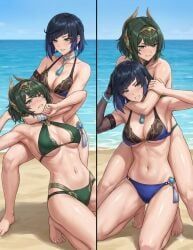 nefer_(genshin_impact), yelan_(genshin_impact), genshin_impact, beach, bikini