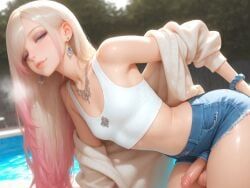 pandora, 1boy, 1femboy, bare_shoulders, bent_over