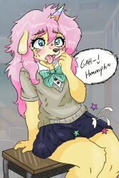 anthro, bangs, blush, bodily_fluids, cartoon_freckles