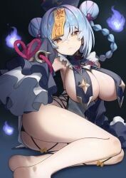 haiqing_(astral_party), astral_party, 1girl, blue_hair, breast_curtains