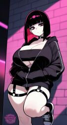jorgecarlosai, 1girl, against_wall, areola_slip, black_jacket