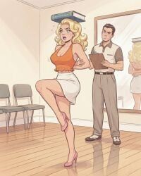 1girls, arms_behind_back, balancing_book_on_head, big_breasts, blonde