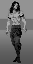 1boy, arm_bands, dog_tags, happy_trail, long_hair