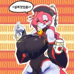 jiangshi_(mannungei), mannungei, 1girl, bell_collar, big_breasts