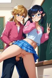 penny_crygor, 1girl, against_wall, chalkboard, checkered_skirt