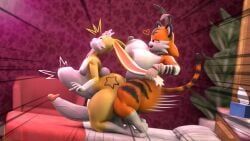 2-ban, abdominal_bulge, ahegao, anthro, bed