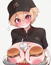 mcdonald's, shittyaistuff, aerolae, baseball_cap, between_breasts
