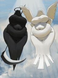 grim_reaper, artist_request, 2girls, angel, angel_wings
