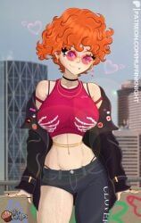 april_(muffinknight), muffinknight, 1girls, asymmetrical_pants, belly_chain