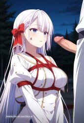 1girl, absurdly_long_hair, blood_splatter, blue_eyes, campsite