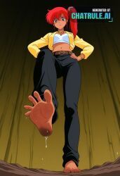 1girl, barefeet, belt, big_feet, black_pants