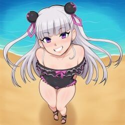 naruse_maria, shinmai_maou_no_testament, arms_behind_back, bare_shoulders, beach