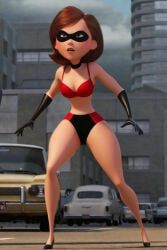 elastigirl, the_incredibles, 1girls, bra, brown_hair