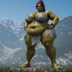 barefoot, brown_eyes, brown_hair, full_body, giantess