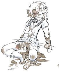 goldenhammer, anthro, balls, bodily_fluids, canid