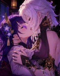 asmoday_(genshin_impact), raiden_shogun, genshin_impact, 2girls, kissing