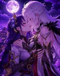 asmoday_(genshin_impact), raiden_shogun, genshin_impact, 2girls, kissing