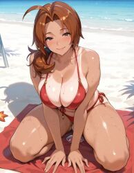 delia_ketchum_(pokemon), pokemon, auburn_hair, beach, beach_towel