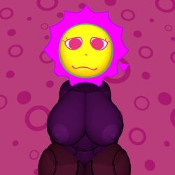 original_character, abstract_background, big_thighs, colon_three_face, giant_breasts