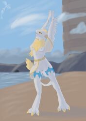 background_character, mythology, anthro, armwear, beach