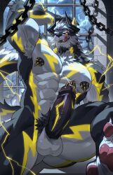 rexwolf_arashi, 2_horns, abs, anthro, areola