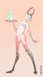 7b7a2f, 2_horns, animal_print, animal_print_thigh_highs, anthro
