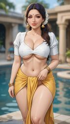 rgomez007, 1girls, bangle, bell_earrings, belly_button