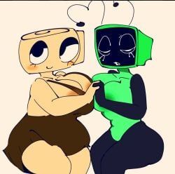 shelly_(dandy's_world), vee_(dandy's_world), dandy's_world, areolae_peeking, boob_squish