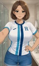 1girls, bathroom, big_ass, big_breasts, brown_hair