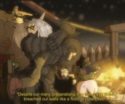 rimworld, anthro, armor, bared_teeth, battle