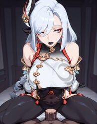 shenhe_(genshin_impact), genshin_impact, 1boy, 1girl, bare_shoulders