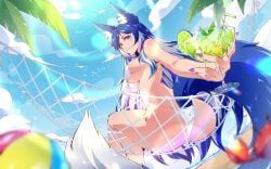 indie_virtual_youtuber, barely_contained_breasts, beach, beach_ball, big_breasts