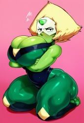 peridot_(steven_universe), annoyed, breasts_bigger_than_head, green_skin, huge_breasts
