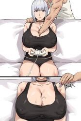 ksksksa, 1boy, 1girls, areolae_visible_through_clothing, arm_between_breasts