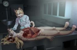 fauxlacine, abdominal_incision, anthro, autopsy, blonde_hair