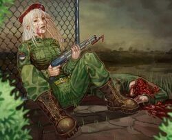 original, 1boy, 1girl, albino, bayonet