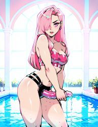 original_character, mahamoan, black_harness, dripping_wet, hand_on_dildo