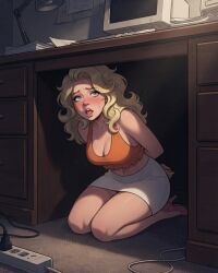 1girls, arms_behind_back, aroused, aroused_face, aroused_female