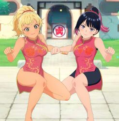 akane_osaki, 2girls, bare_arms, black_hair, black_shorts