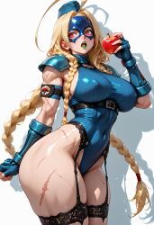 cammy_white, ahoge, alternate_costume, apple, arm_guards