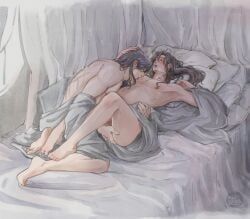lan_wangji, wei_wuxian, 2boys, ahoge, alternate_hairstyle