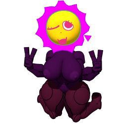 big_boobs, big_thighs, looking_at_viewer, on_knees, one_eye_closed