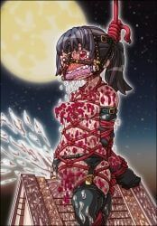 pink-eyed_woman_(immovable_corridor), immovable_corridor, arms_behind_back, bit_gag, black_hair