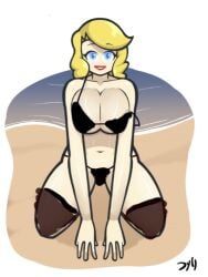 beach, black_bikini, blonde_hair, blue_eyes, droplets